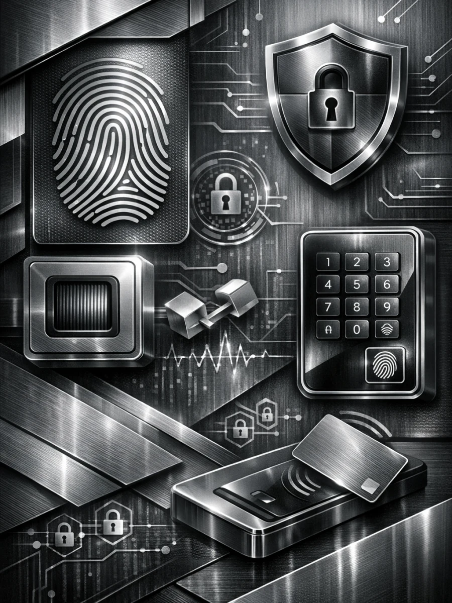Abstract corporate style image representing PKOC & DUOX + FPC Hybrid technology with fingerprint sensors, encryption symbols, and secure access control elements in a graphite silver premium color palette with brushed metal and executive industrial feel.